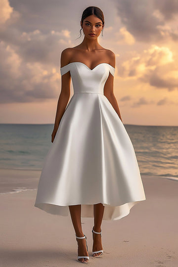 Satin Off The Shoulder Telång Vit Bröllopsklänning